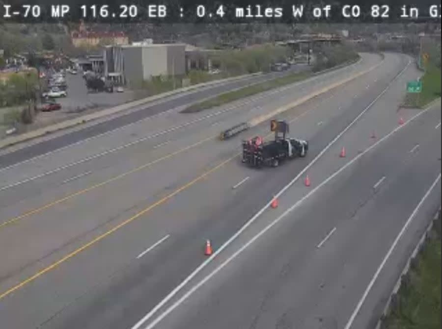 Eastbound Interstate 70 is closed Saturday evening after a trailer was separated from a semi-truck, prompting a hazmat response. (Colorado Department of Transportation)