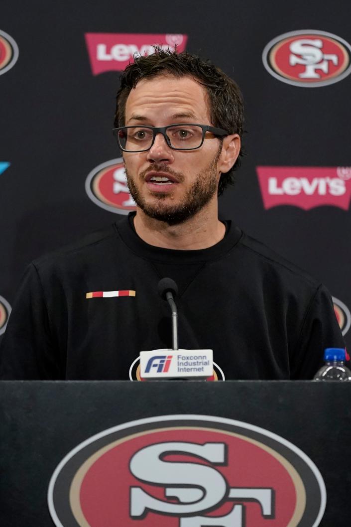 San Francisco 49ers offensive coordinator Mike McDaniel speaks during a news conference at NFL football training camp in Santa Clara, Calif., Thursday, July 29, 2021. (AP Photo/Jeff Chiu)