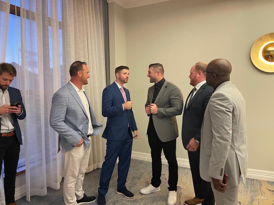 Former Florida quarterback Tim Tebow speaks with attendees in the Blue Room during the 15th Annual FCA Celebration Dinner, held at the Naples Grande Beach Resort on Jan. 17, 2022. Tickets started at $300.