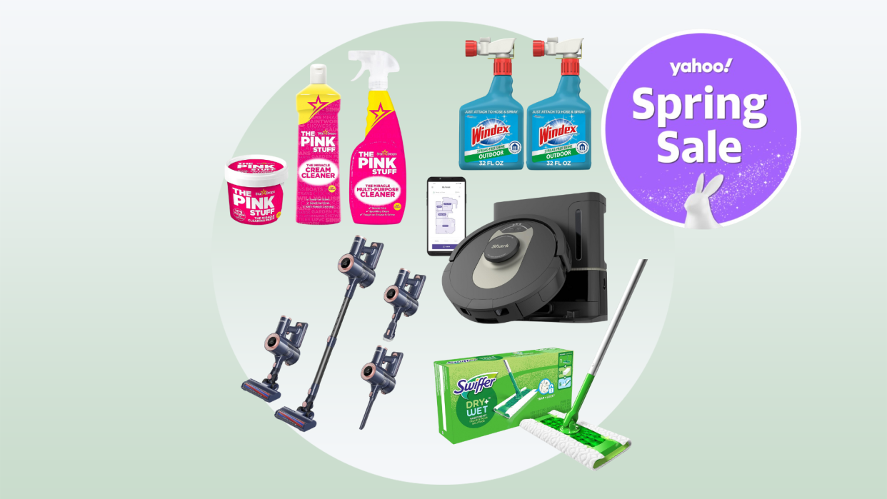 Picture of Pink Stuff cleaner, Windex cleaner, stick vac, Shark robovac, Swiffer mop, on sale during Amazon's Big Spring Sale