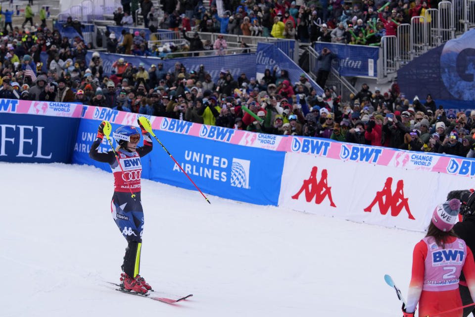 Mikaela Shiffrin of the United States celebrates her victory in a women's World Cup slalom skiing race Sunday, Nov. 26, 2023, in Killington, Vt. (AP Photo/Robert F. Bukaty)