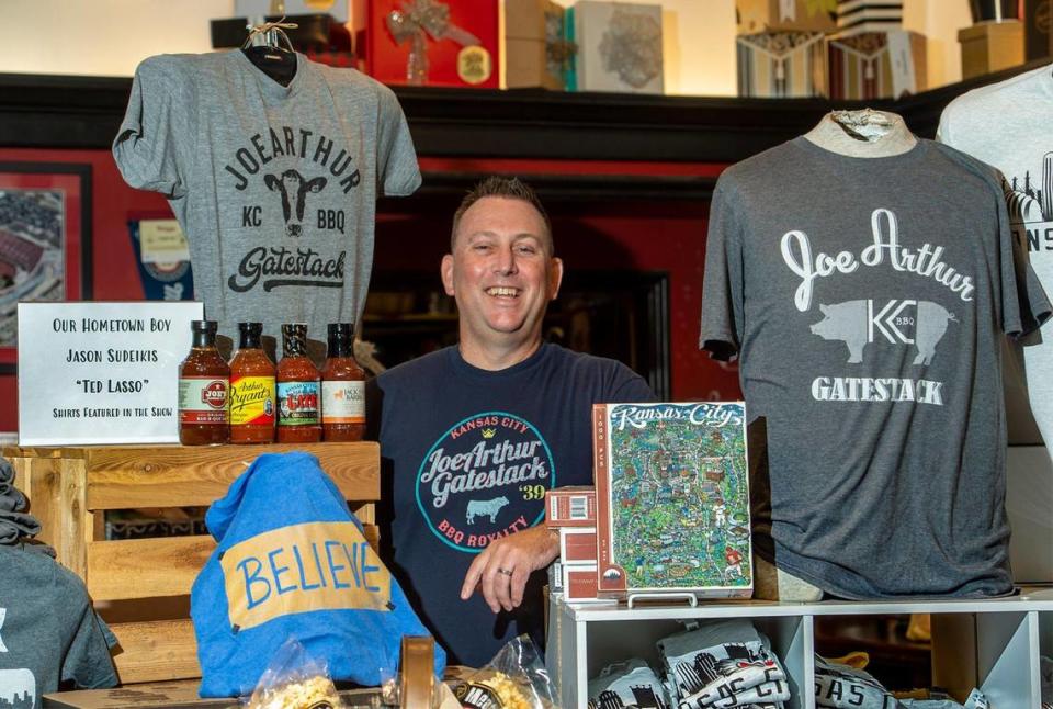 Brendan Curran of Lenexa, a longtime friend of actor Jason Sudeikis, created many of the Kansas City T-shirts Sudeikis wears on “Ted Lasso.” Curran also added some shirts inspired by the hit show. They’re available online and in stores, including Best of Kansas City in Crown Center.