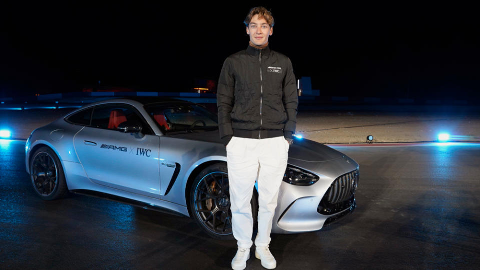 George Russell at the commemoration of the partnership between Mercedes-AMG, and its Formula 1 team, with watchmaker IWC at “Speed City” in Las Vegas on November 14.