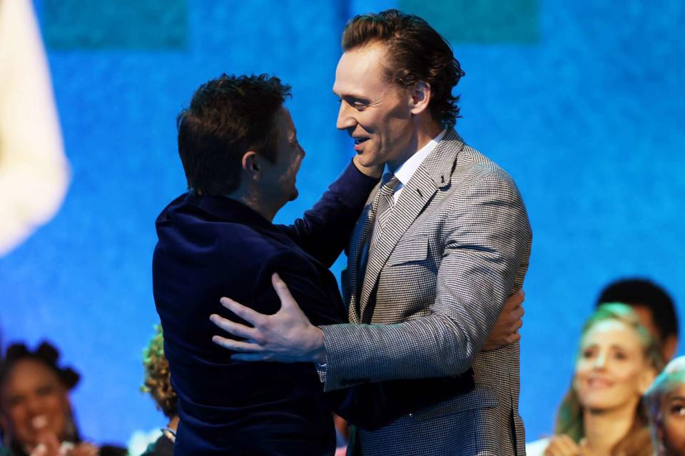 <p>Mark Von Holden/NBC via Getty Images</p> Jeremy Renner and Tom Hiddleston on Feb. 18, 2024