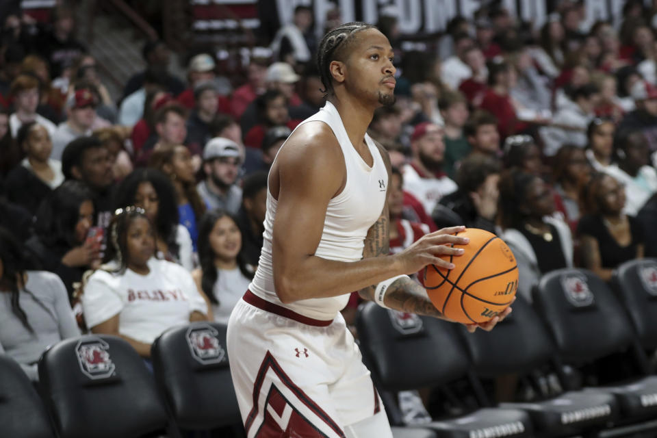 Ta'Lon Cooper warms up before an NCAA college basketball game against LSU Saturday, Feb. 17, 2024, in Columbia, S.C. (AP Photo/Artie Walker Jr.)