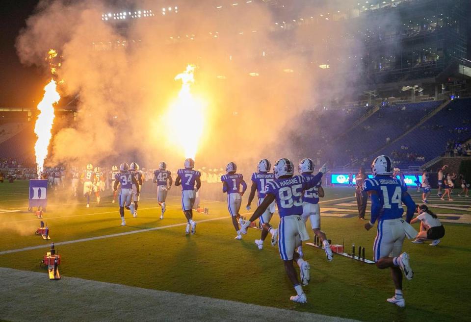 The Duke Blue Devils enter Wallace Wade Stadium for their game against North Carolina A&T on Friday, September 10, 2021in Durham, N.C.