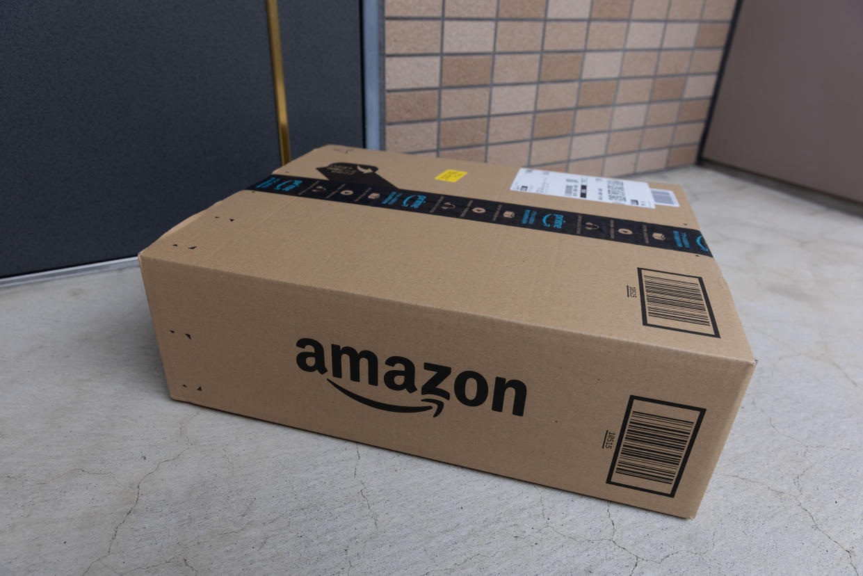 TOKYO, JAPAN - 2022/04/06: Amazon delivery package seen in front of a door. (Photo by Stanislav Kogiku/SOPA Images/LightRocket via Getty Images)