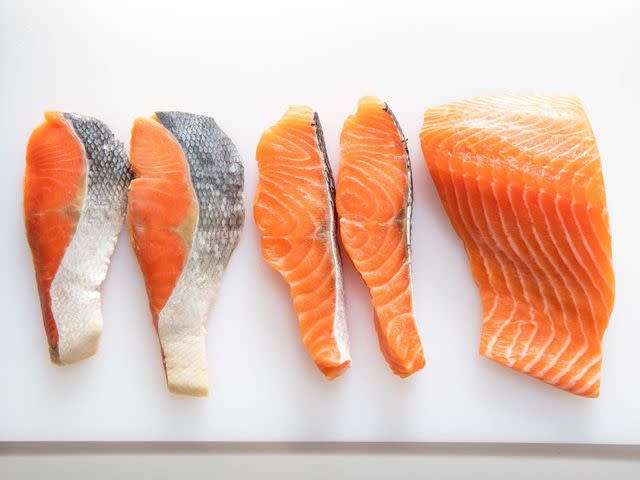 From left to right: Store-bought salted salmon, home-cured salted salmon, fresh salmon.