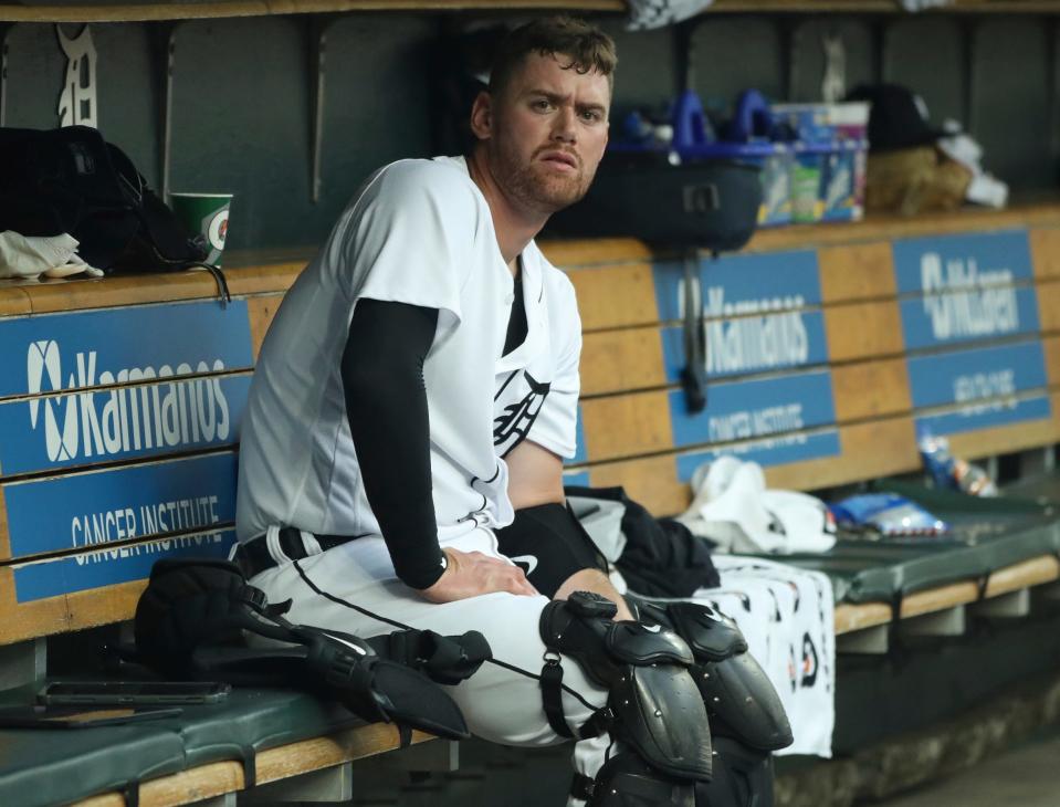 Detroit Tigers catcher Carson Kelly (15) in the dugout during action against the Chicago Cubs at Comerica Park in Detroit on Monday, Aug. 21, 2023.