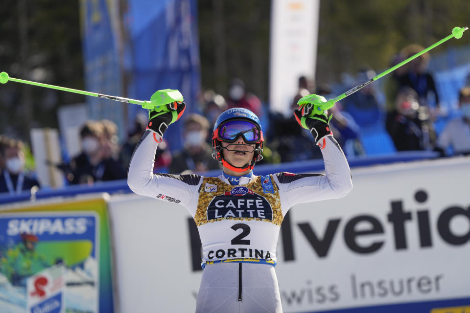 Slovakia's Petra Vlhova celebrates after winning the silver medal in the women's slalom, at the alpine ski World Championships in Cortina d'Ampezzo, Italy, Saturday, Feb. 20, 2021. (AP Photo/Giovanni Auletta)
