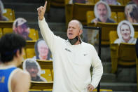 FILE - In this Feb. 27, 2021, file photo, Colorado head coach Tad Boyle directs his squad in the second half of an NCAA college basketball game against UCLA in Boulder, Colo. (AP Photo/David Zalubowski, File)