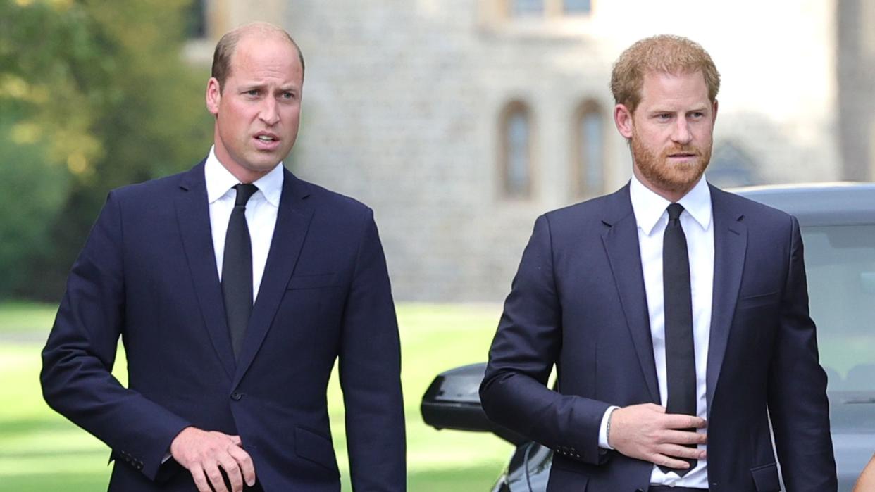 Prince William and Prince Harry in black suits