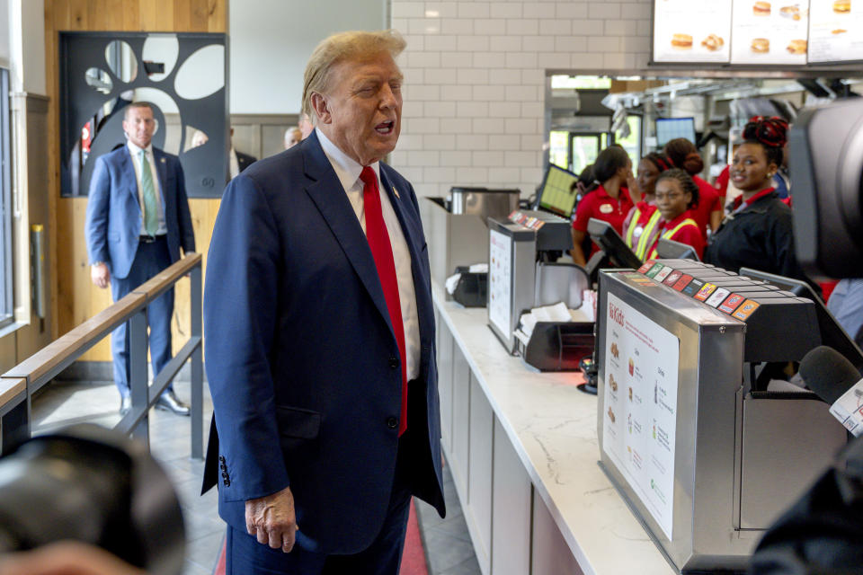 Republican presidential candidate former President Donald Trump visits a Chick-fil-A eatery, Wednesday, April 10, 2024, in Atlanta. (AP Photo/Jason Allen)