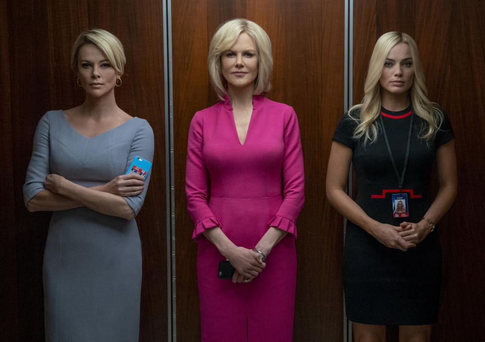 Charlize Theron as Megyn Kelly, Nicole Kidman as Gretchen Carlson and Margot Robbie as Kayla Pospisil (a composite character made up for the film) in Bombshell. (Photo: Lionsgate/Hilary Bronwyn Gayle) 