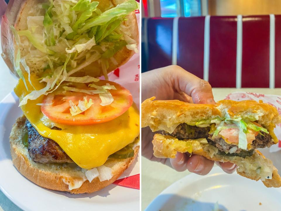 Two photos show the inside of the burger