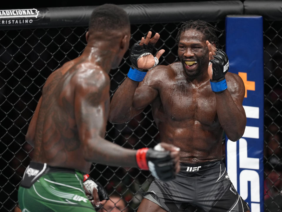Jared Cannonier reacts to Israel Adesanya in a middleweight championship fight during UFC 276 at T-Mobile Arena on July 2, 2022, in Las Vegas. (Photo by Jeff Bottari/Zuffa LLC)