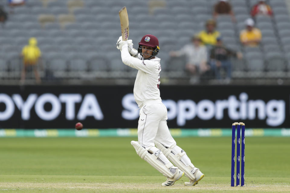 West Indies' Kragg Brathwaite bats during play on the second day of the first cricket test between Australia and the West Indies in Perth, Australia, Thursday, Dec. 1, 2022. (AP Photo/Gary Day)