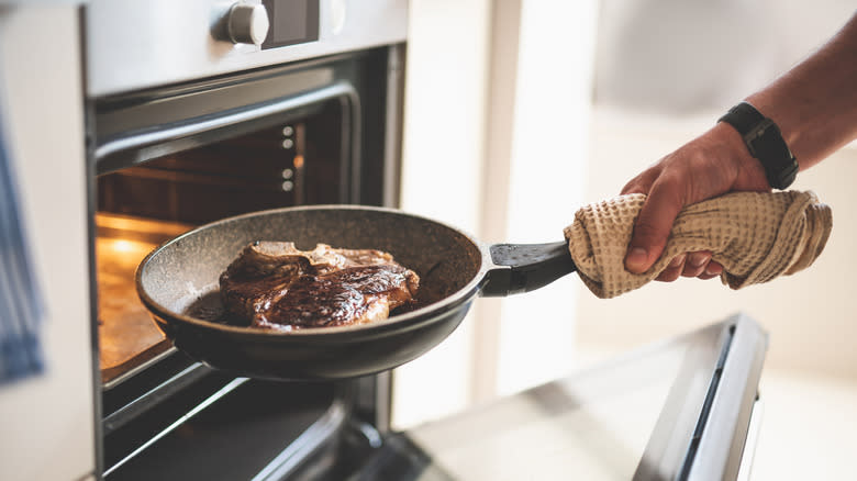 Pulling steak from oven