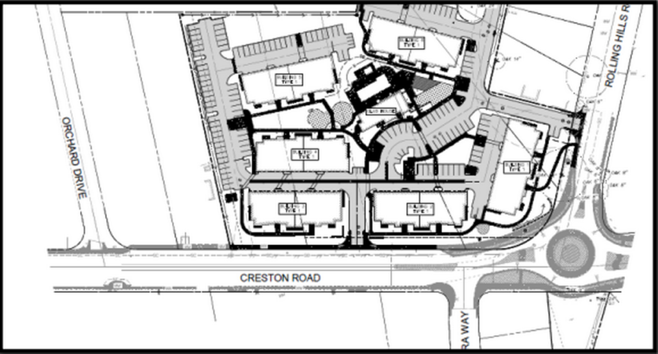 A rendering shows the Rolling Hills Apartment Project, a 135-unit multifamily housing complex at the intersection of Creston Road and Rolling Hills Road.