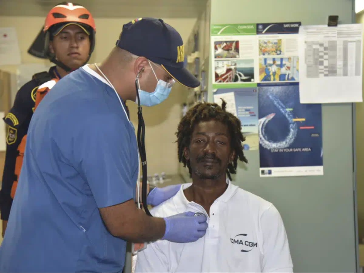 Elvis Francois, 47, is checked by Columbian naval medical personnel after spending 24 days lost at sea (Columbian Navy handout)