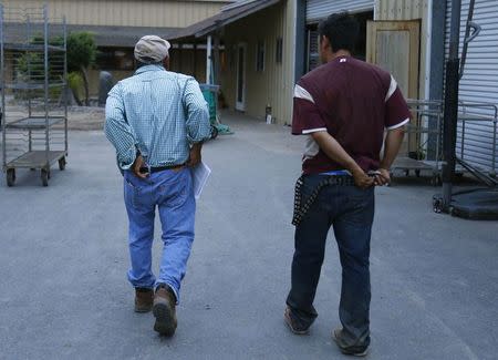 Farmer Tom Chino (L) and his son Makoto head off to work on the family's farm in Rancho Santa Fe, California August 12, 2014. REUTERS/Mike Blake
