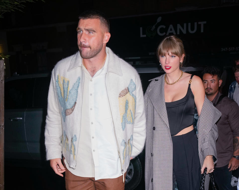 NEW YORK, NEW YORK - OCTOBER 15: Travis Kelce and Taylor Swift arrive at SNL Afterparty on October 15, 2023 in New York City. (Photo by Gotham/GC Images)