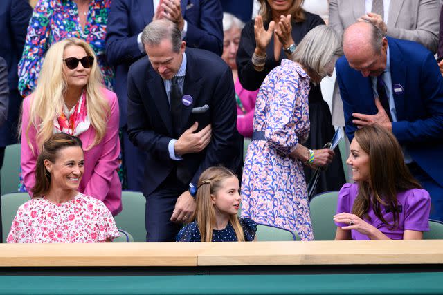 <p>Karwai Tang/WireImage</p> Pippa Middleton, Princess Charlotte and Kate Middleton at Wimbledon on July 14, 2024.