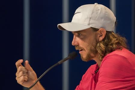 August 8, 2018; St. Louis, MO, USA; Tommy Fleetwood addresses the media in a press conference during the Wednesday practice round of the PGA Championship golf tournament at Bellerive Country Club. Mandatory Credit: Kyle Terada-USA TODAY Sports