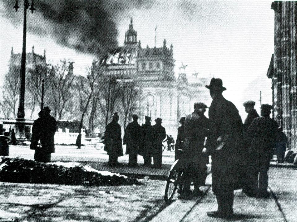 The Reichstag building on fire after an arson attack on February 27, 1933.