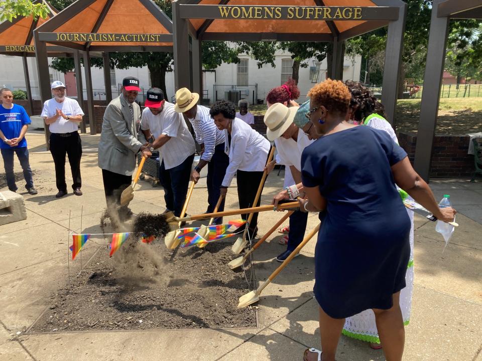 Members of the Ida B. Wells Memphis Memorial Committee break ground on the second phase of the Ida B. Wells Plaza in Downtown Memphis on Saturday, July 16.