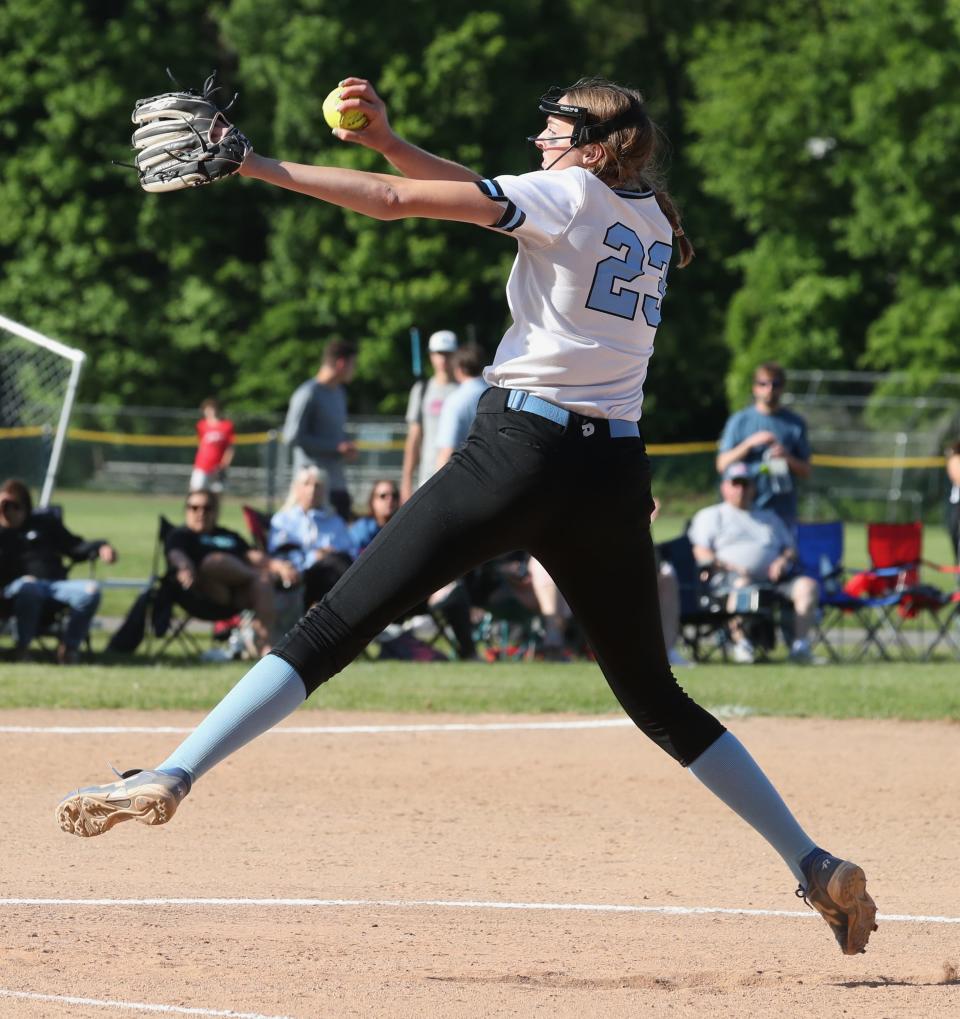 Rye Neck's Katie Blanch winds up a pitch during a Section 1 Class B semi with Westlake at Rye Neck May 25, 2022.