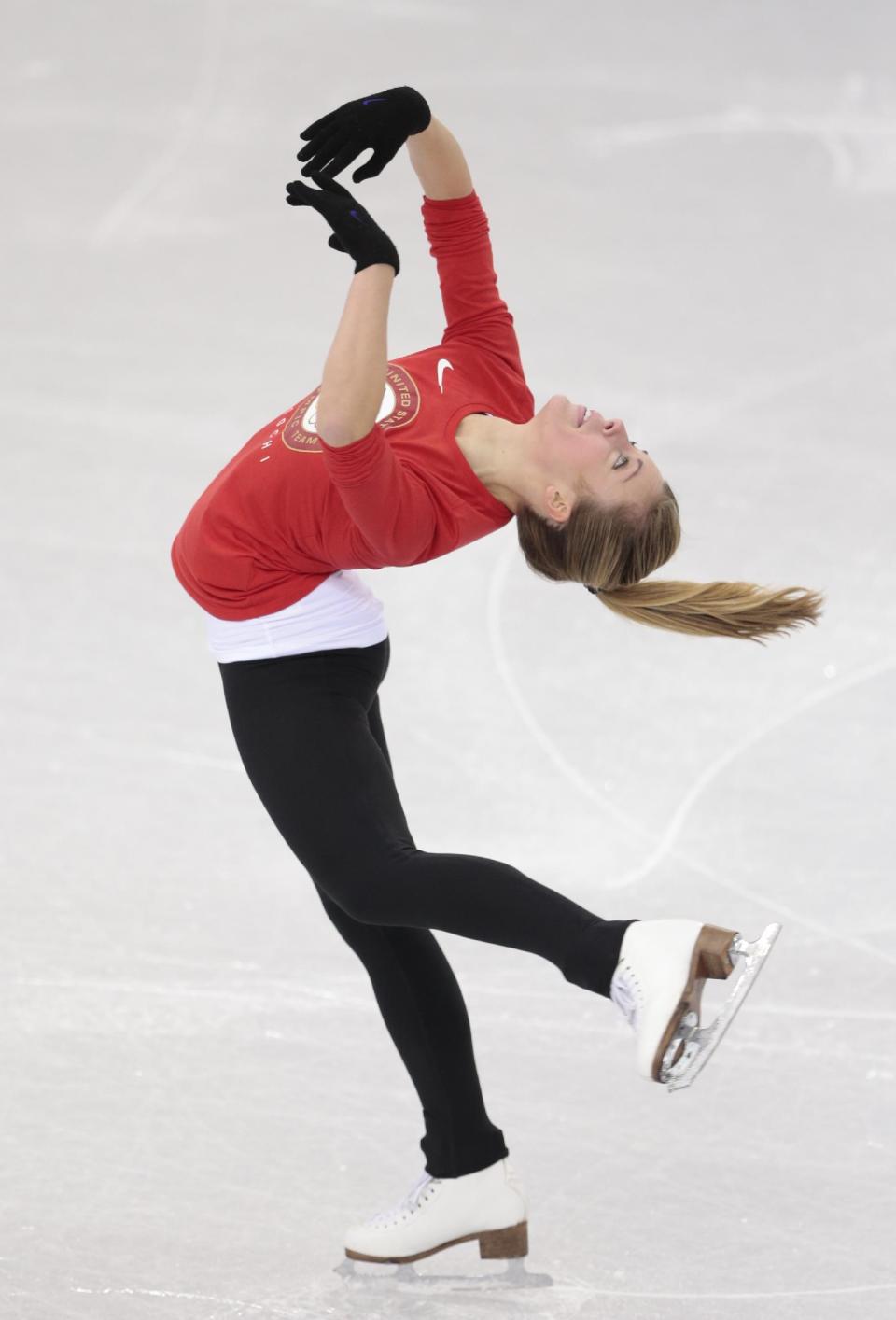 Ashley Wagner, of the United States, skates at the figure stating practice rink ahead of the 2014 Winter Olympics, Wednesday, Feb. 5, 2014, in Sochi, Russia. (AP Photo/Ivan Sekretarev)