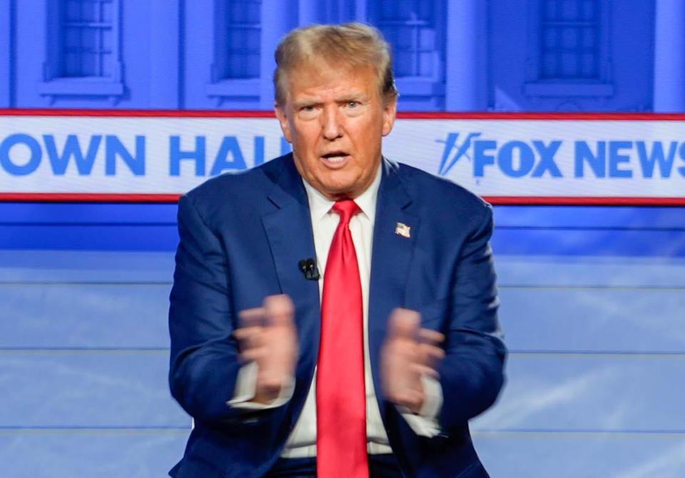 Former President Donald Trump speaks as Fox News hosts a town hall at the Iowa Events Center on Wednesday, Jan. 10, 2024, in Des Moines, IA.