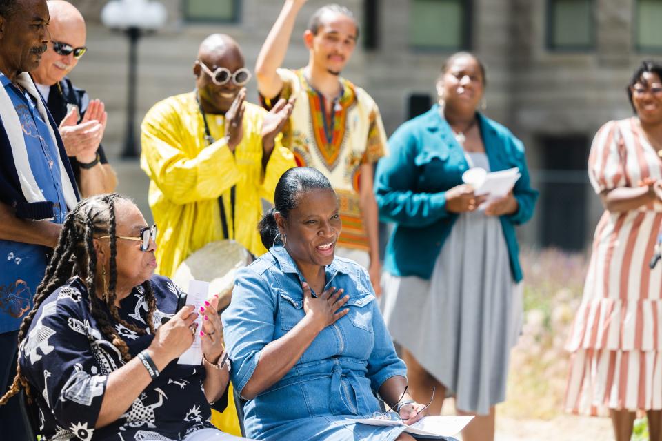 Rep. Sandra Hollins, D-Salt Lake City, reacts as her name is announced during the flag-raising ceremony for Juneteenth at the Salt Lake City and County Building in Salt Lake City on June 19, 2023. | Ryan Sun, Deseret News