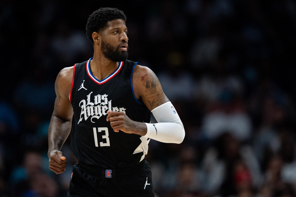 Paul George will join Joel Embiid and Tyrese Maxey in Philadelphia in pursuit of an NBA championship. (Jacob Kupferman/Getty Images)