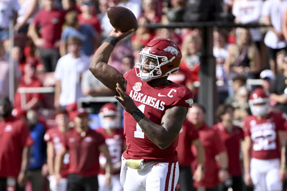 Arkansas quarterback KJ Jefferson (1) throws a pass against Mississippi State during the first half of an NCAA college football game Saturday, Oct. 21, 2023, in Fayetteville, Ark. (AP Photo/Michael Woods)