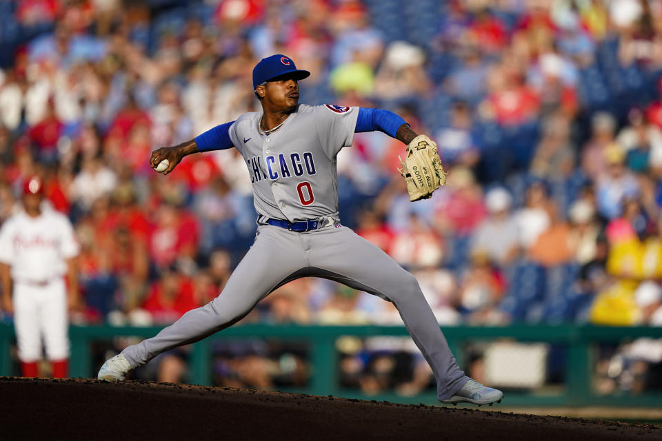 Chicago Cubs Marcus Stroman pitches during the second inning of the team's baseball game against the Philadelphia Phillies, Saturday, July 23, 2022, in Philadelphia. (AP Photo/Matt Rourke)