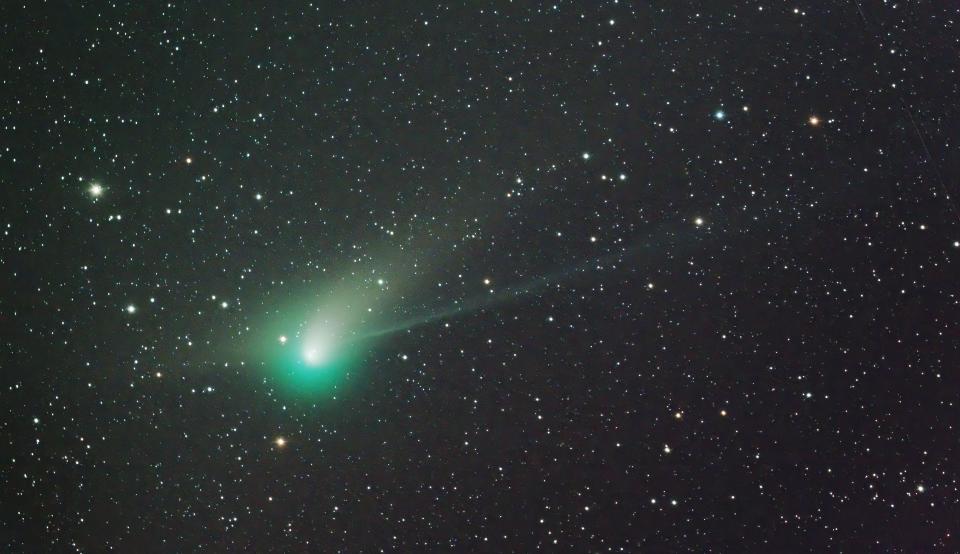 Photographed on the morning of Jan. 20 by the author using an 8-inch telescope, Comet C/2022E3(ZTF) shows a greenish-colored coma, a yellowish dust tail and a thin, narrow gas tail in this 5-minute exposure. The long-time exposure reveals details and color that are not visible visually even through a telescope.