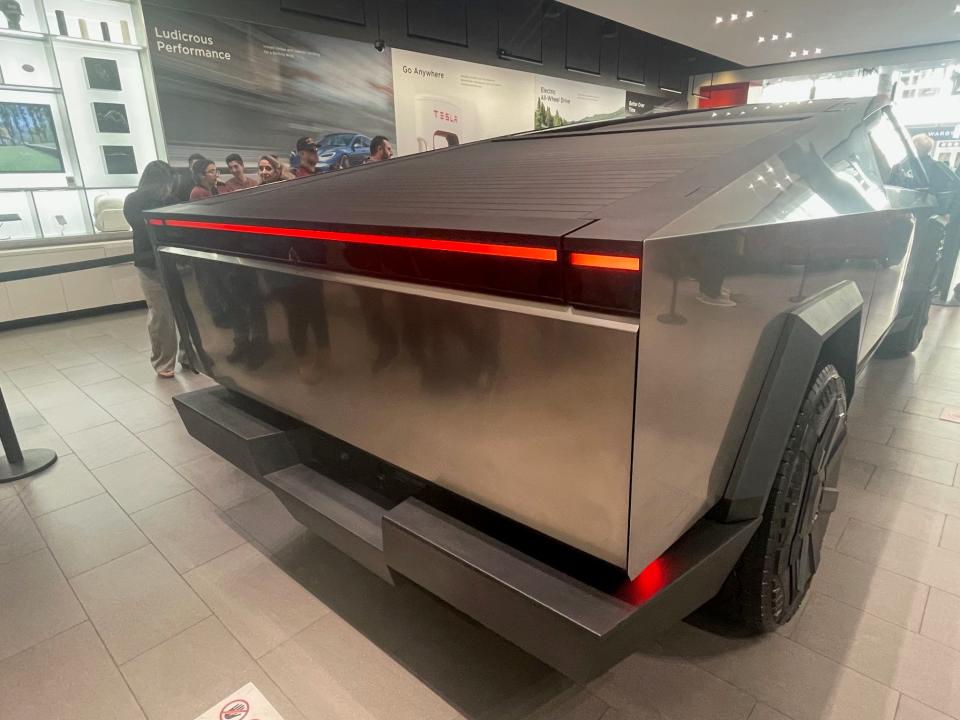 The rear of a Cybertruck is shown at Tesla's Santana Row showroom in San Jose, California, on December 9, 2023.