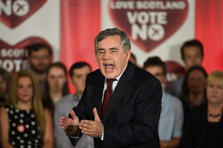 Former British Prime Minister Gordon Brown speaks at a 'No' campaign rally in Glasgow, Scotland September 17, 2014. REUTERS/Dylan Martinez