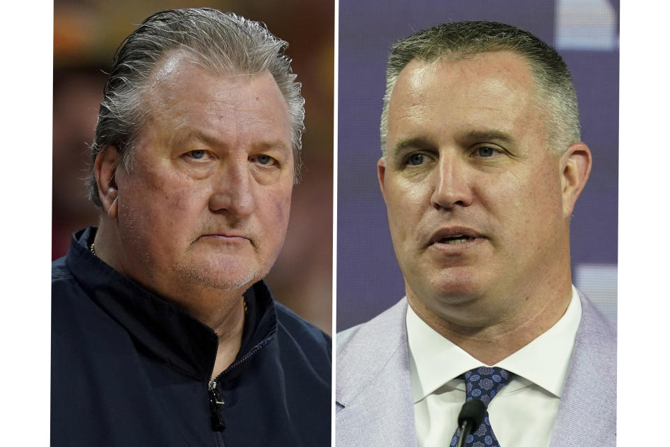 FILE - At left, West Virginia head coach Bob Huggins watches from the bench during the first half of an NCAA college basketball game against Iowa State, Monday, Feb. 27, 2023, in Ames, Iowa. At right, Northwestern head coach Pat Fitzgerald talks to reporters during an NCAA college football news conference at the Big Ten Conference media days, at Lucas Oil Stadium, Tuesday, July 26, 2022, in Indianapolis. The legal headaches could only be starting for Pat Fitzgerald and Bob Huggins as their attorneys plot the next steps after Northwestern and West Virginia parted ways with them in moves that left some industry experts perplexed. (AP Photo/File)