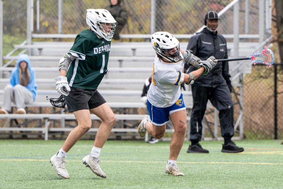 Apr 18, 2024; Lyndhurst, NJ; Lyndhurst boys lacrosse hosts DePaul on Thursday afternoon. D #1 Cody Webster and L #15 Matt Branco.