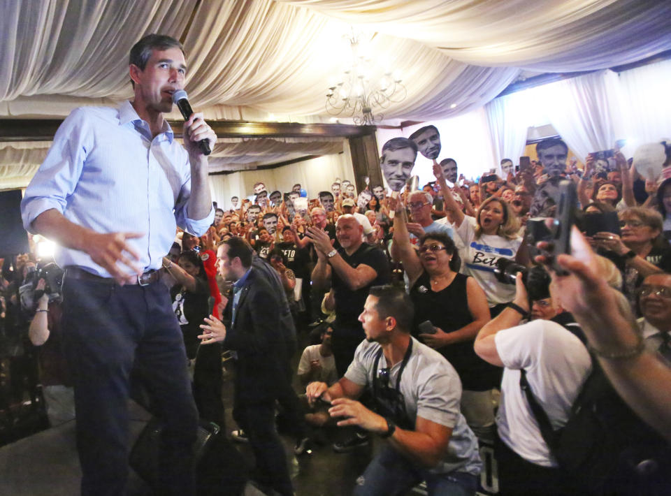 U.S. Rep. Beto O'Rourke, D-El Paso, a Democratic candidate for U.S. Senate, speaks at a campaign stop at The Social Club on Sunday, Sept. 23, 2018, in Edinburg, Texas. The surprisingly close U.S. Senate race in Texas is growing more combative, and Republican Sen. Ted Cruz and Democratic Congressman O'Rourke are staking their chances on two sharply different visions of America. (Joel Martinez/The Monitor via AP)