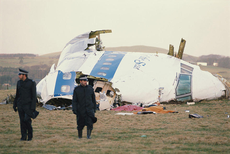 Some of the wreckage of Pan Am Flight 103 after it exploded and crashed into the town of Lockerbie, Scotland, on Dec. 21, 1988.  / Credit: Bryn Colton/Getty Images
