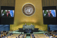 In this photo provided by the United Nations, South African President Cyril Ramaphosa speaks in a pre-recorded message played during the 75th session of the United Nations General Assembly, Tuesday, Sept. 22, 2020, at U.N. headquarters in New York. The U.N.'s first virtual meeting of world leaders started Tuesday with pre-recorded speeches from some of the planet's biggest powers, kept at home by the coronavirus pandemic that will likely be a dominant theme at their video gathering this year. (Eskinder Debebe/UN via AP)