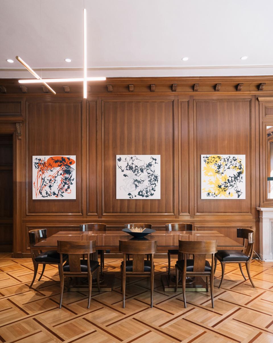 In the prime minister’s office, Tomorrow Will Be a Wonderful Day 28, 25, and 16, a trio of paintings by Nikos Navridis, dominates the paneled wall. The light fixtures are by designer Michael Anastassiades, who oversaw the installation of them in person.