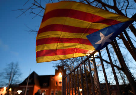 An Estelada (Catalan separatist flag) is pictured in front of the prison in Neumuenster, Germany, April 5, 2018. REUTERS/Fabian Bimmer