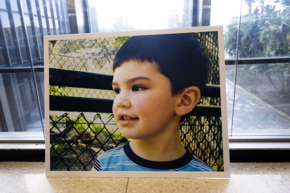 A photo of Aiden Leos leans against the courthouse wall after prosecutors spoke to the media in Santa Ana, Calif., on January 25, 2024. ( Paul Bersebach / MediaNews Group via Getty Images)