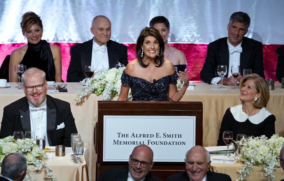 Keynote speaker Ambassador to the United Nations Nikki Haley addresses the 73rd Annual Alfred E. Smith Memorial Foundation Dinner Thursday, Oct. 18, 2018, in New York. (AP Photo/Craig Ruttle)