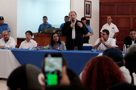 Nicaragua's President Daniel Ortega spekas during first round of dialogue after a series of violent protests against his government in Managua, Nicaragua May 16,2018.REUTERS/Oswaldo Rivas